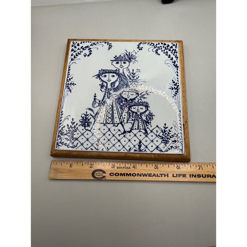 Vintage Bjorn Wiinblad Ceramic Trivet Blue White Danish Modern Wood Frame 6x6 - Picture 2 of 16